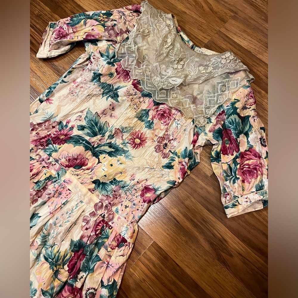 Vintage 70’s Floral Dress Vintage 70s Lace Dress Vintage Drop Waist Dress Cotton - Picture 12 of 15